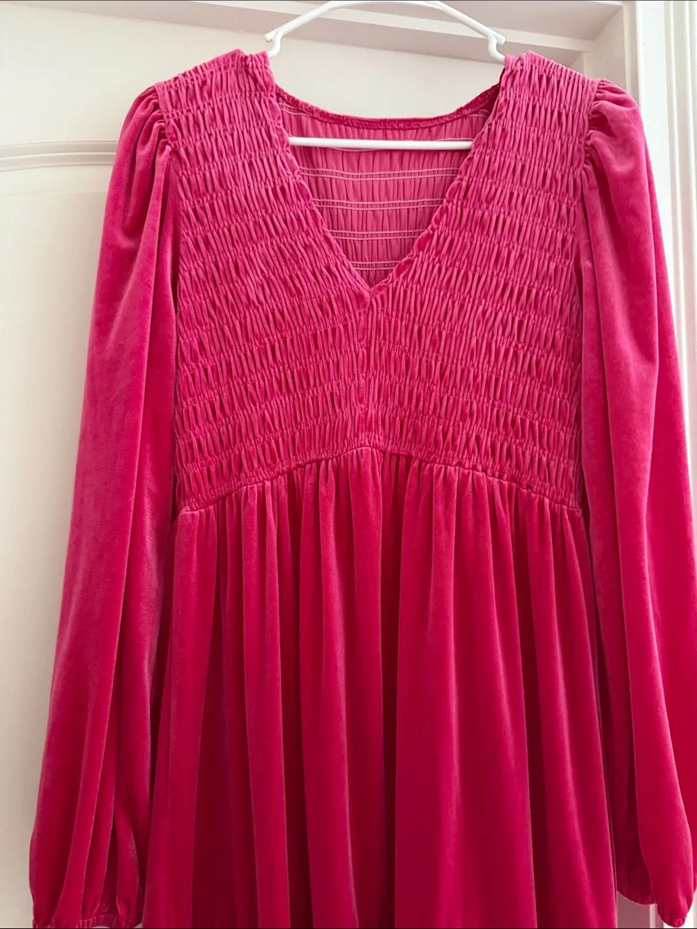 Girls' Fuchsia Smocked Velvet Long Sleeve Dress